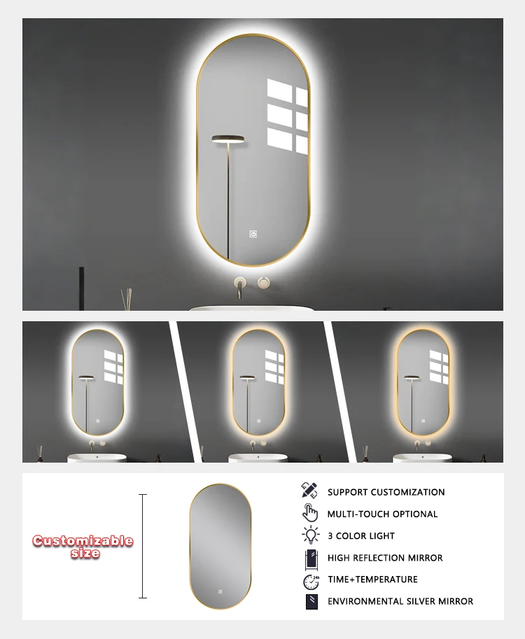 product aluminium frame espelho com led smart mirror touch sensor anti fog hotel decoration led bathroom mirror with led light334-7