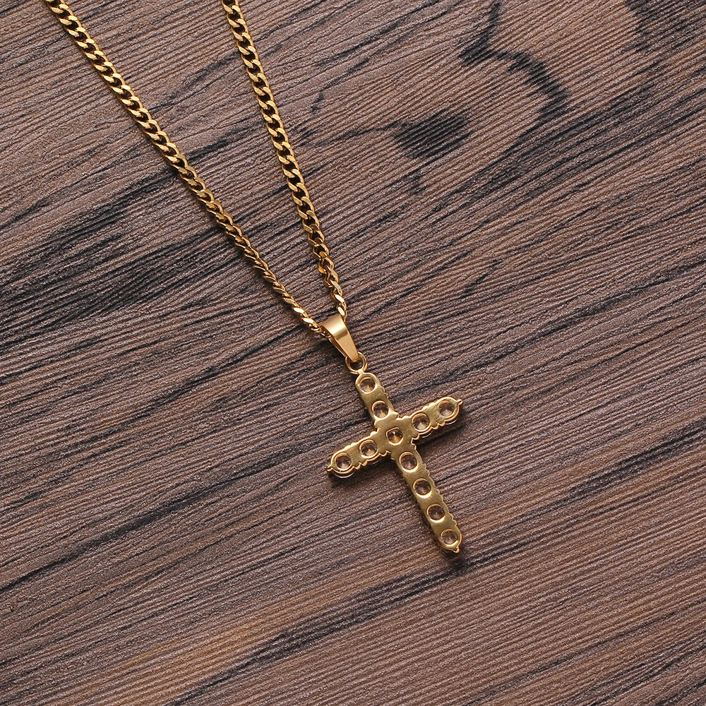 EL Unisex Men's Stainless Steel Crystal Cross Pendant Necklace Hip Hop Chain 