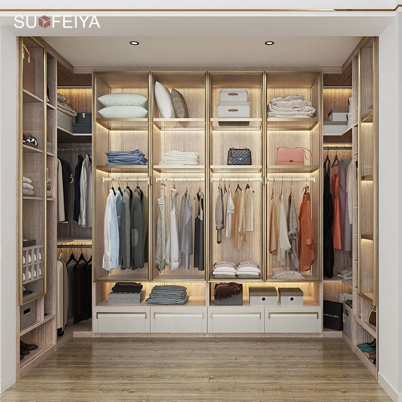SOFEYIA Italian Style Open Cloakroom U Shape Wardrobe Cabinet Metal Glass Door Walk in Wardrobe Clothes Closet