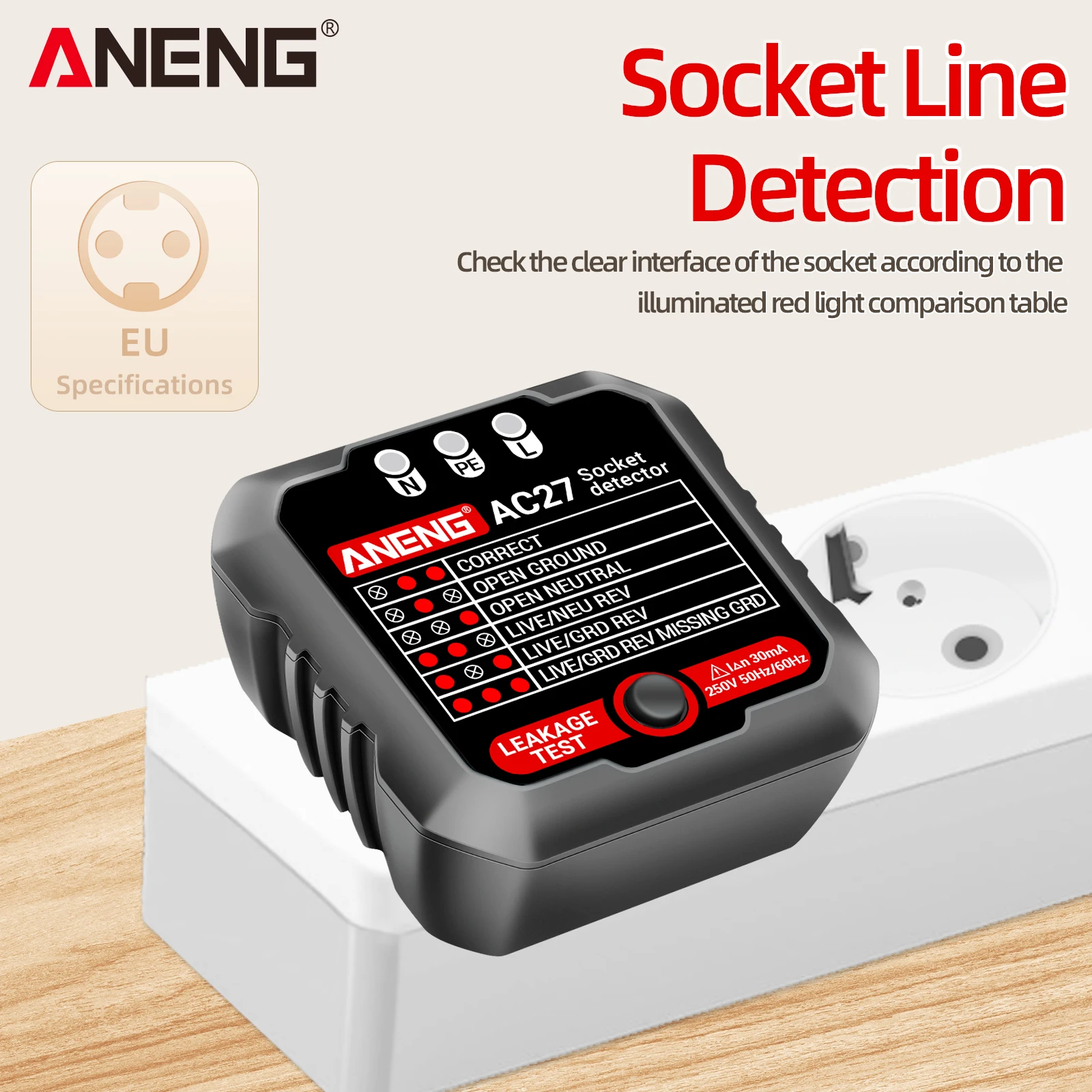 ANENG Outlet Tester 250V Fast Detection Socket Tester Plug Ground Line Automatic Electric Circuit Polarity Voltage Detector