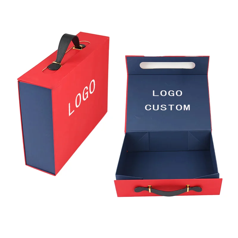 Custom Recyclable Luxury Gift Box Magnetic Flip Folding Specialty Paper Cardboard Rigid Box with Leather Handle for Business