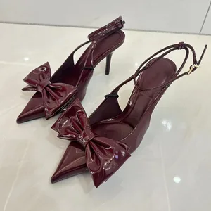 QuiteS New Red Bow Decorated High Heels French Pointed Hollow Back Stiletto Sandals Women's Designer Heeled Shoes