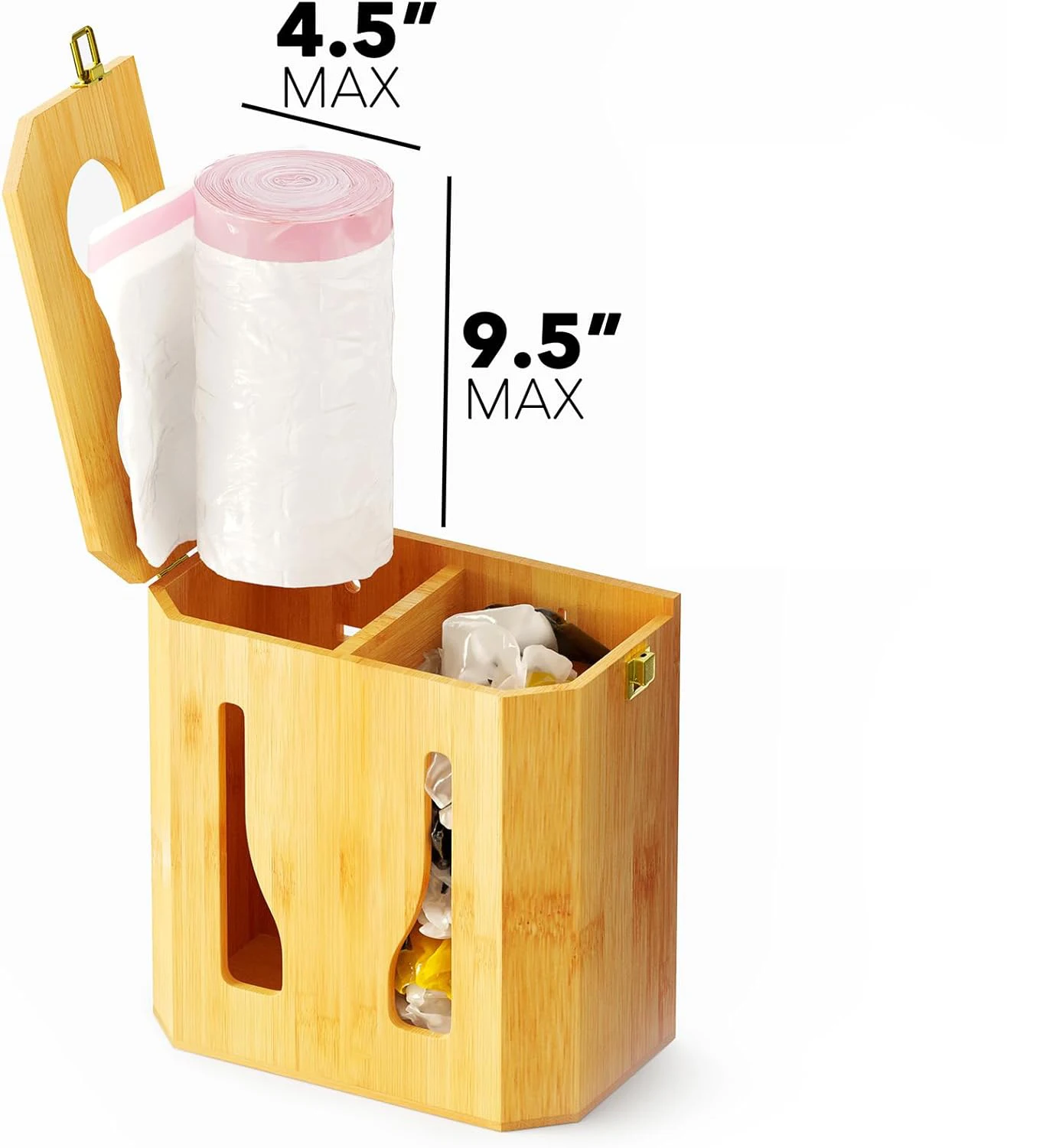 product 2 in 1 bamboo trash bag dispenser grocery bag holder cabinet wall mount plastic bag organizer large capacity under sink storage-4