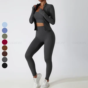 Customizable 3-Piece Women's Sportswear Set Running Bra Yoga Jacket & Leggings Gym Fitness Activewear with Custom Logo on Waist