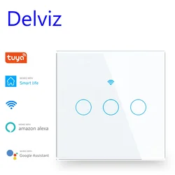 Сенсорный выключатель Delviz, европейский стандарт, прозрачная стеклянная панель, с дистанционным управлением, работает с Google Alexa, Wi-Fi, настенный смарт-выключатель