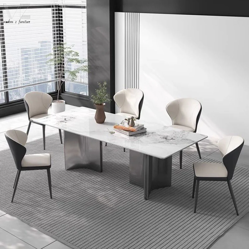 European Luxury Modern Dinning Room Furniture Minimalist Stainless Steel Marble Top Nordic Sintered Stone Dining Table