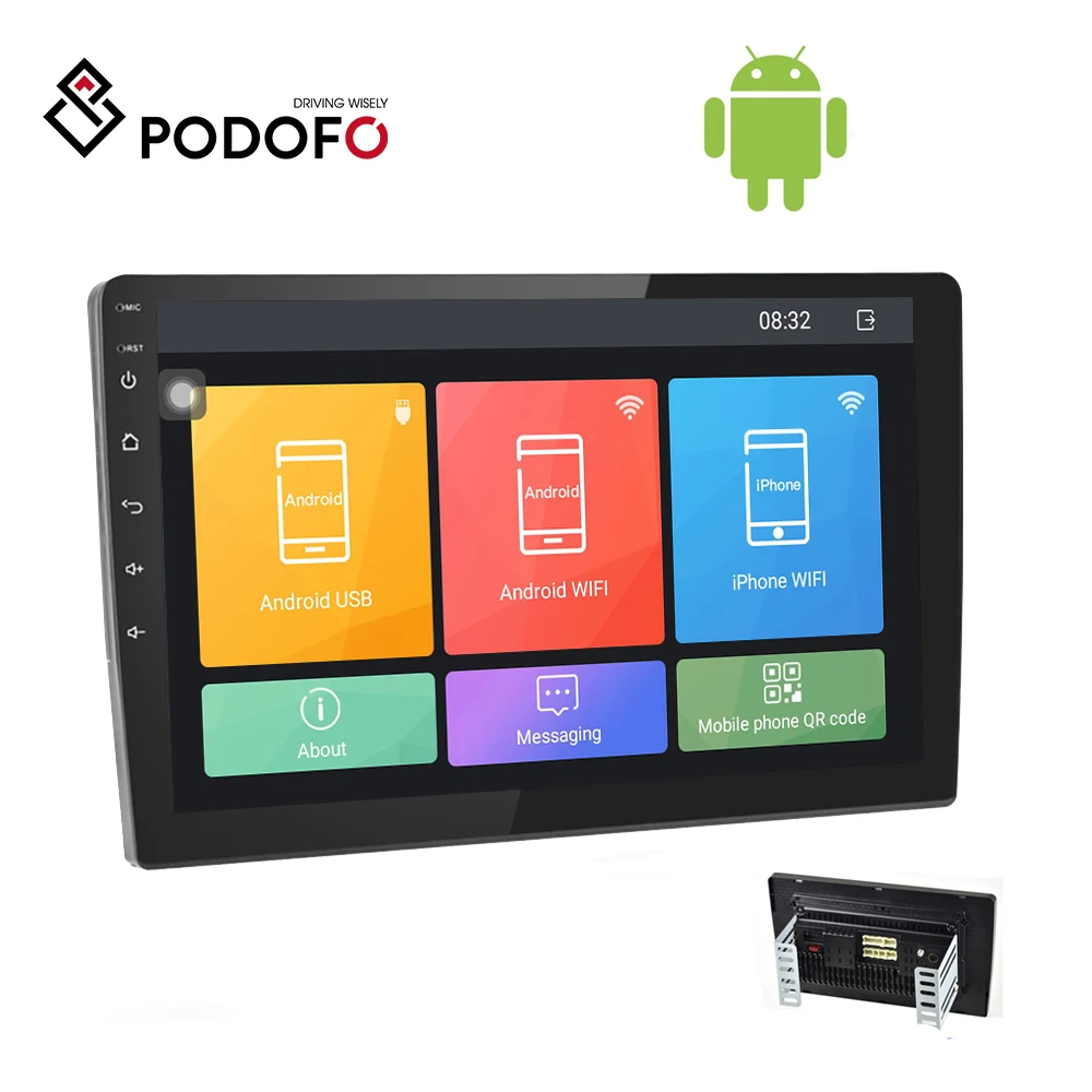 Podofo 10.1” Autoradio 2 Din Android 9.1 Car Radio Stereo 2Din HD 2.5D Tempered Glass Touch Screen Car Video WIFI GPS BT