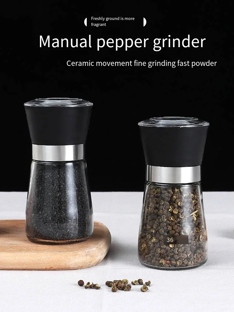 Manual grinder Kitchen glass seasoning bottle Household stainless steel black pepper coffee seasoning grinding bottle details