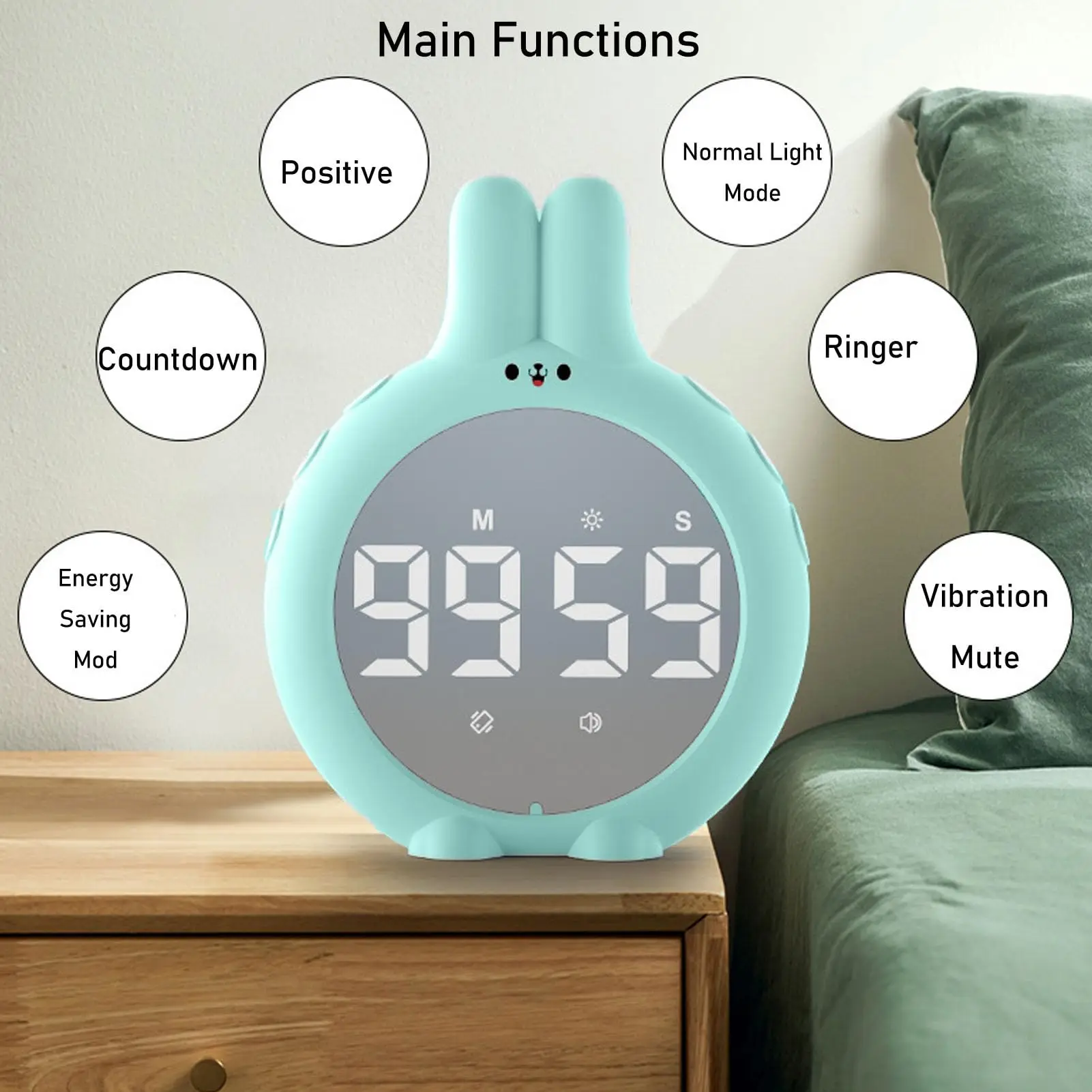 Cute Cartoon Rabbit Digital Timer Night Light 2 Brightness Modes Reminder Setting Kitchen Timer for Cooking Sports Exercise