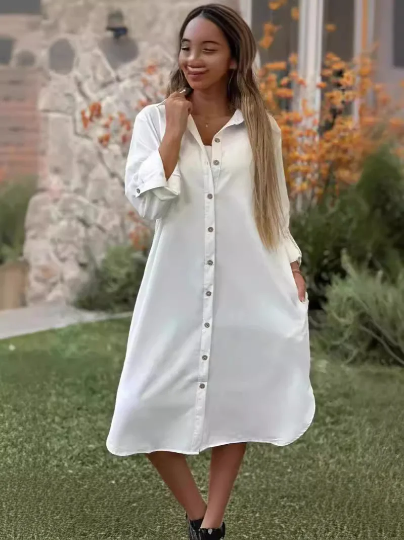 Sportliches Hemdkleid Damen Baumwolle-Leinen - Lockeres Midi-Kleid Mit Taschen