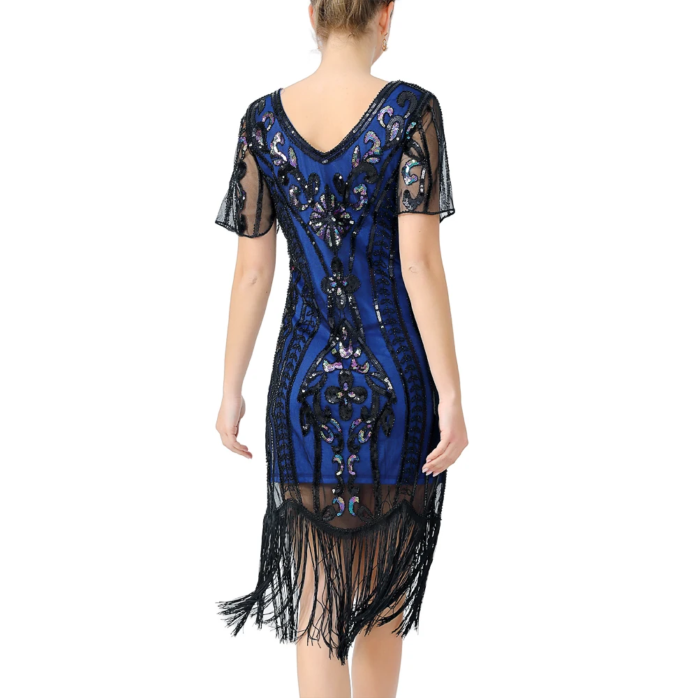 Vintage Women 20s Great Gatsby Dress 1920s Flapper Dress Short Sleeve  V-neck Sequin Fringe Party Dresses Long Vestidos