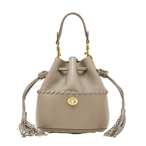 Cowhide Women's Genuine Leather Durable Waterproof Portable Casual Fashion Bucket Bag Drawstring Design Crossbody Shoulder 2L