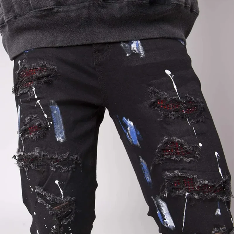 DiZNEW Pantalon slim déchiré skinny avec trou pour la peinture et