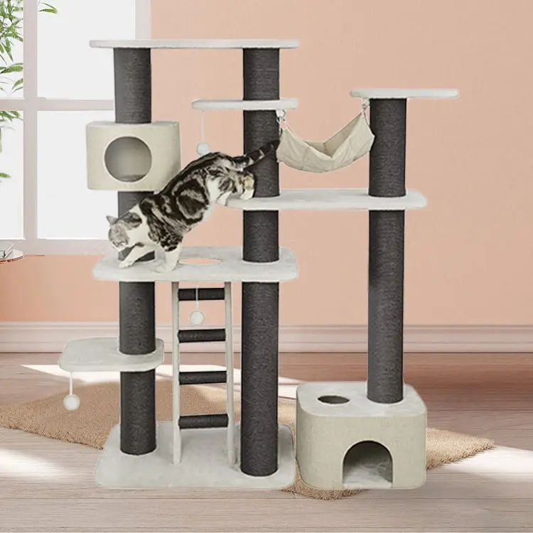 Custom Luxury Big Wooden Cat Tree House Design Ladder Elegant Plush