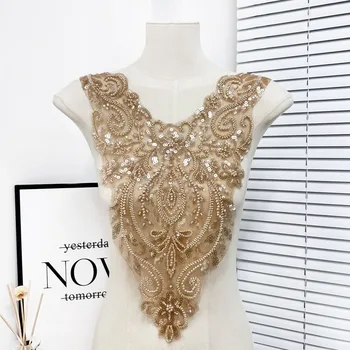 Silver Gold Sequin Beaded Lace Neckline Applique 3D Embroidery Lace Collar Patch for Abaya, Arabic Kaftan, Wedding Dress