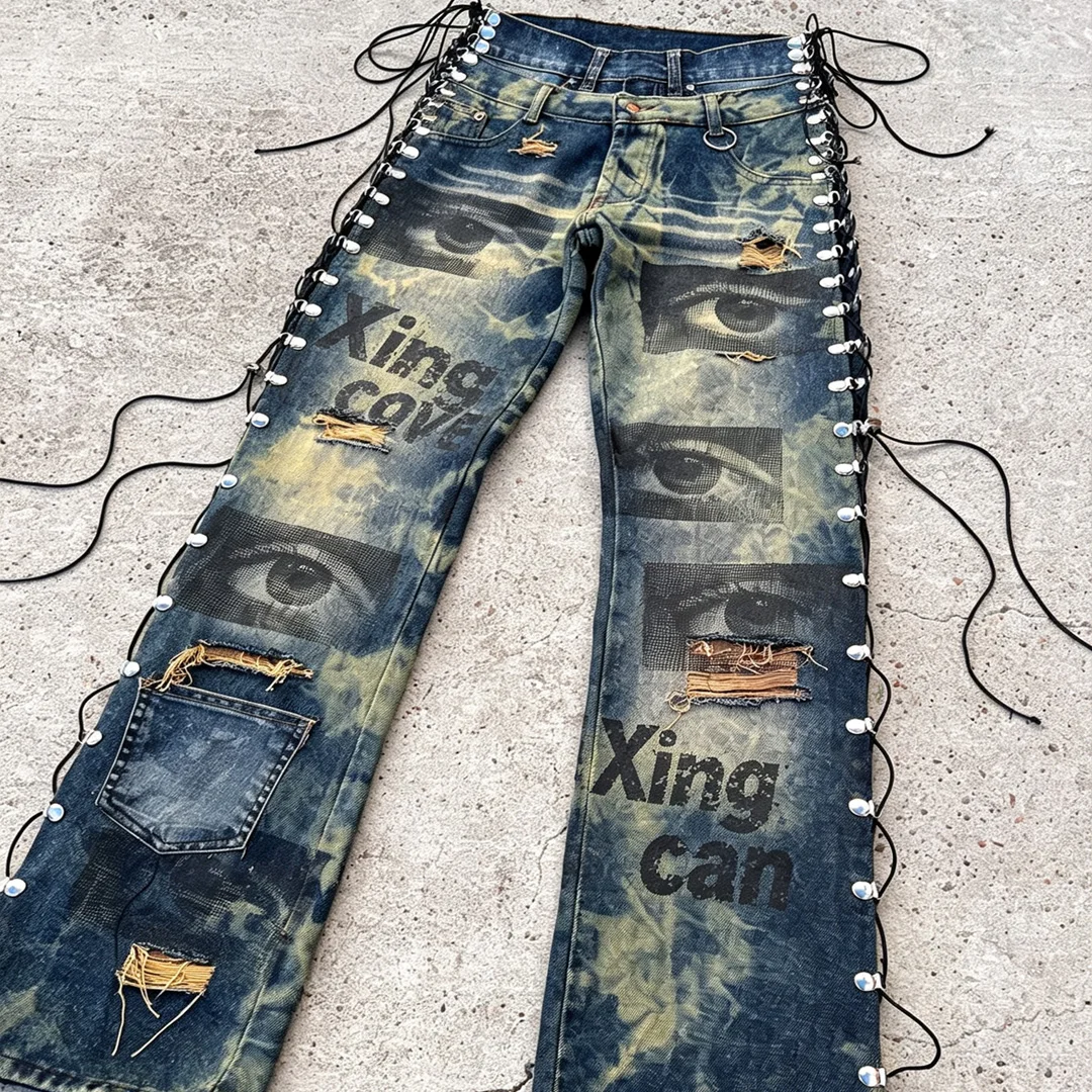 Sérsniðin bróðurbyggja 100% bátavöddur úr vatnskorni, DTG tölvuprentuð og rifið hlið með gáttum og snúruðum stíl, denim-buxur með OEM gatnamarkaðsþjónustu