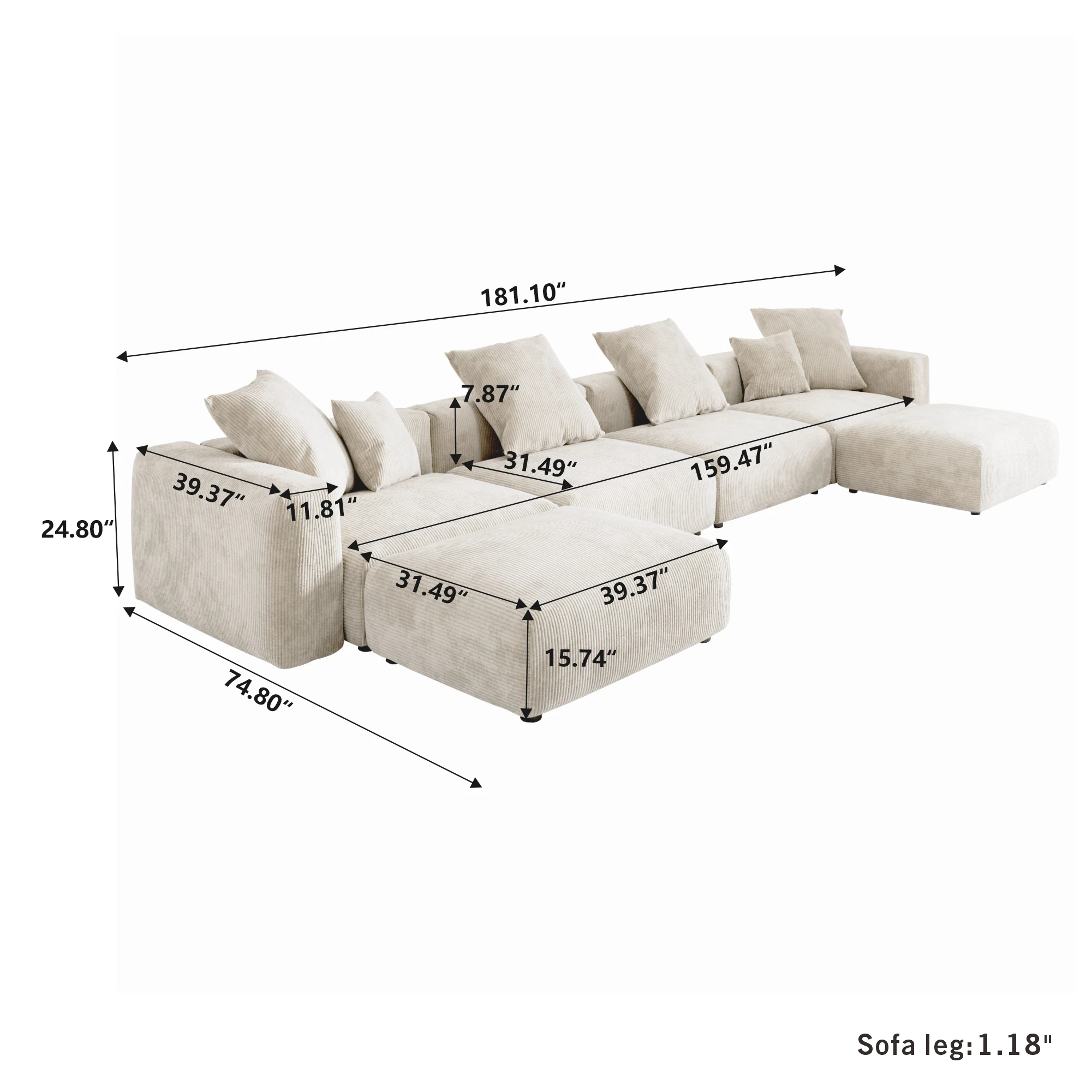 ATUNUS Extra Modular Sectional Sofas CORD VELOUR Large Sofa Couch Living Room Furniture Velvet Fabric Sofa Set