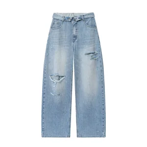 High Quality Women's Denim Jeans 2026 Fashion Women's Ripped Mid-Waist Folded Waist Jeans