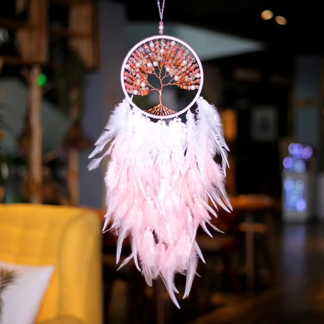 Pink Crystal Gravel Tree Of Life Dream Catcher Feather