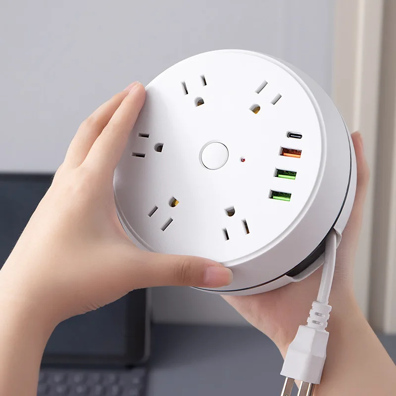 Round Universal Portable Storage Winding Socket Pull-out Plug Power Strip Extension Cord Socket With 3 USB Cable Smart Home