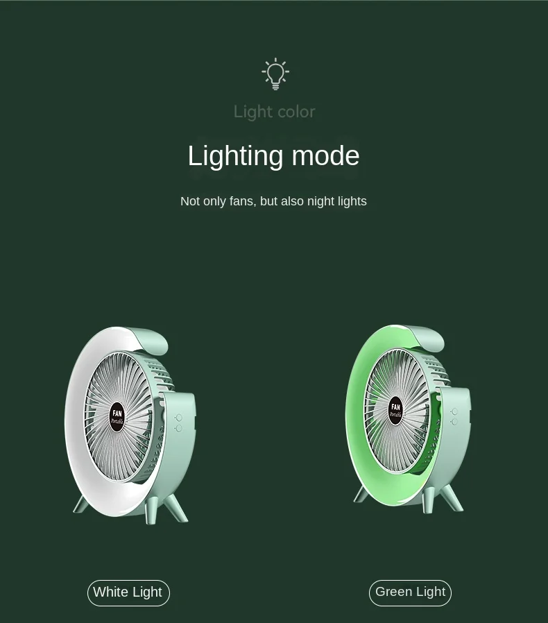 G shape 5 Gears LED night light desktop fan 1800mah rechargeable Home dormitory office air circulation electric portable fan