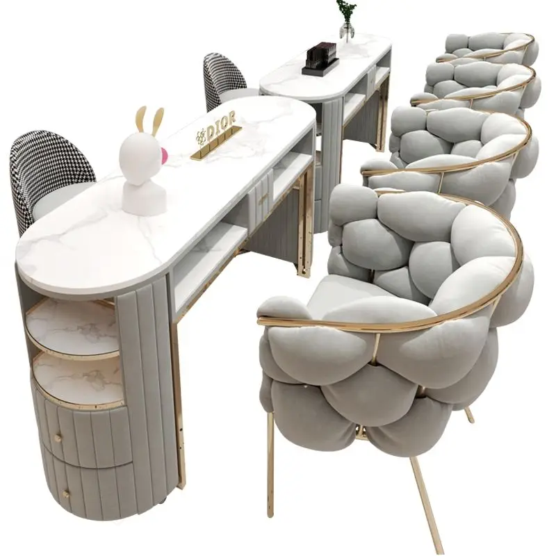 Modern Grey Marble Top Double Nail Table And Chair Set Gold Metal Frame