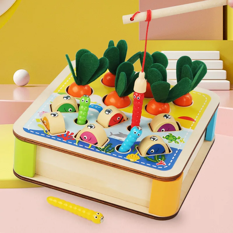 3-in-1 Holzspielzeug für die frühkindliche Bildung, Karottenziehen, Angeln, Insektenfang, Montessori-Holzspielzeug zur Feinmotorikförderung