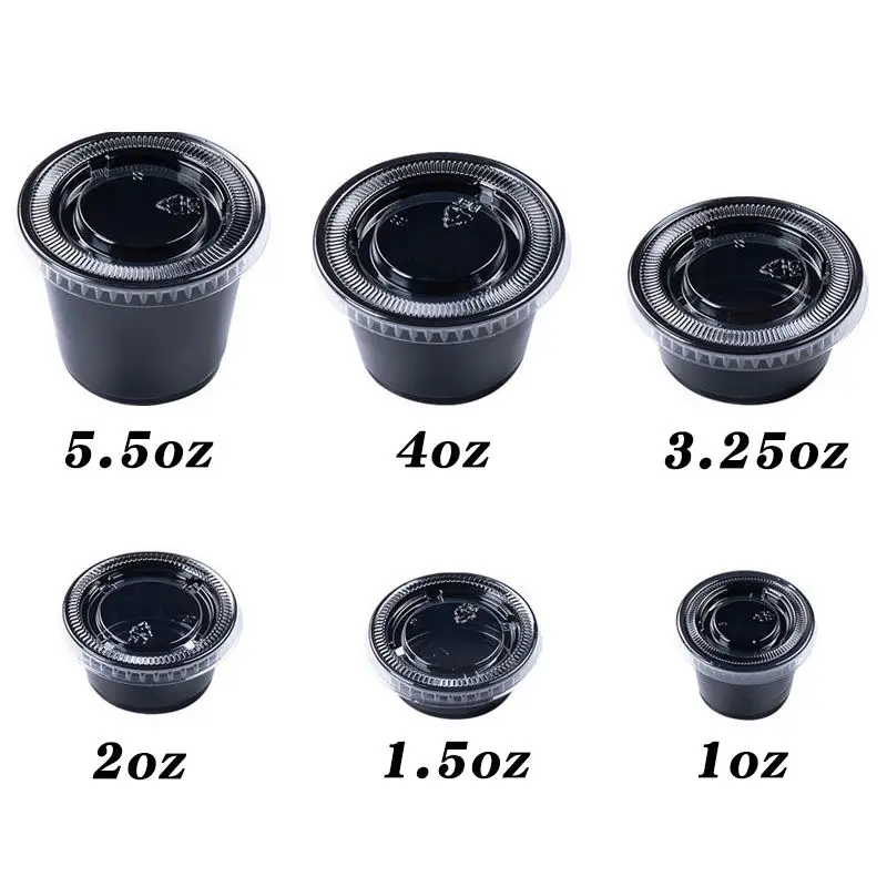1/2/3/4 Oz Disposable Clear/Black PP Plastic Sauce Cup With Leak Proof Lid  Salad Dessert Take Away Plastic Portion Cups