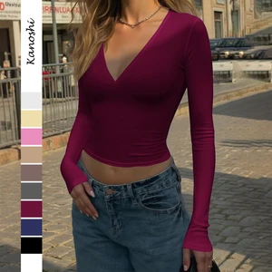 Women's Sexy Deep V Neck Long Sleeve Basic T Shirts Trendy Slim Fit Lightweight Y2K Going Out Crop Tops