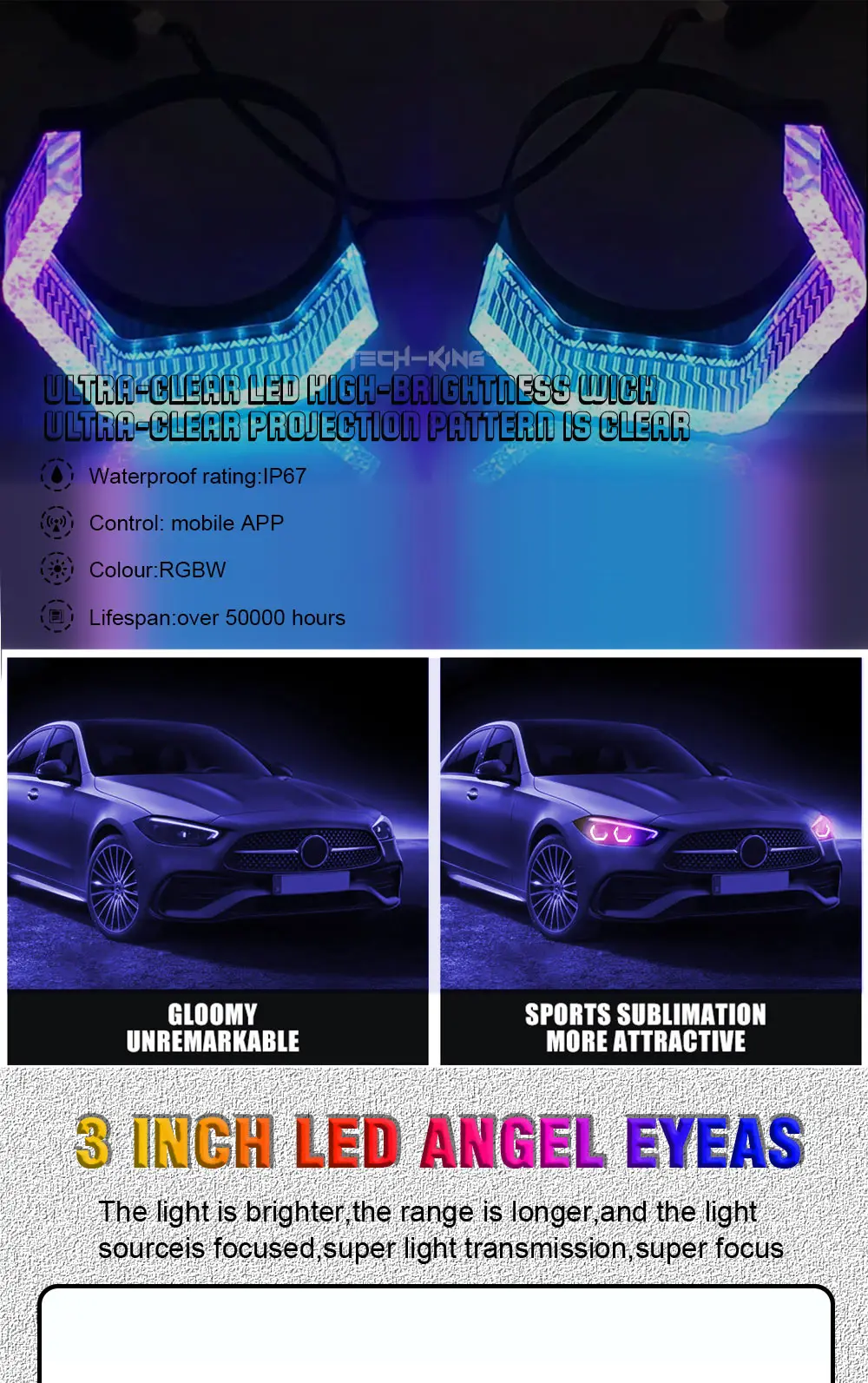 Hot Sale 3.0inch Angel Eye Car Bulbs WRGB Three-Colour Daytime Running Light Daily Running Light 12V Fit Headlight Modify