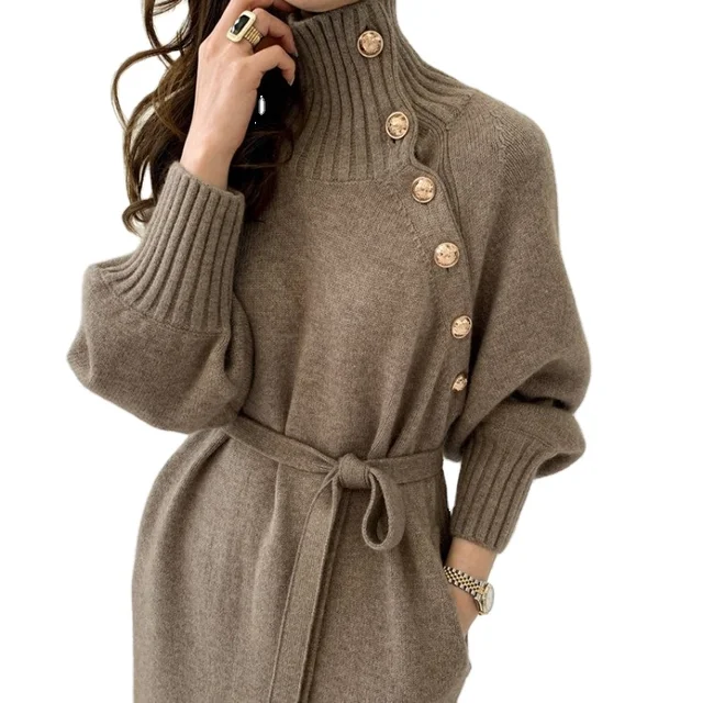Autumn and Winter New Woolen Dress Women's Loose and Slim High Neck Sweater Two Wear Lace up Waist Knitted Dress