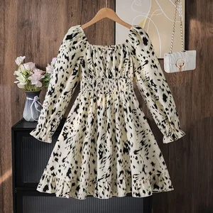 Wholesale Elegant Spring Print Kids Clothing Long Sleeve V Neck Ruffle Curved Waist Princess Big Girl Knee-Length