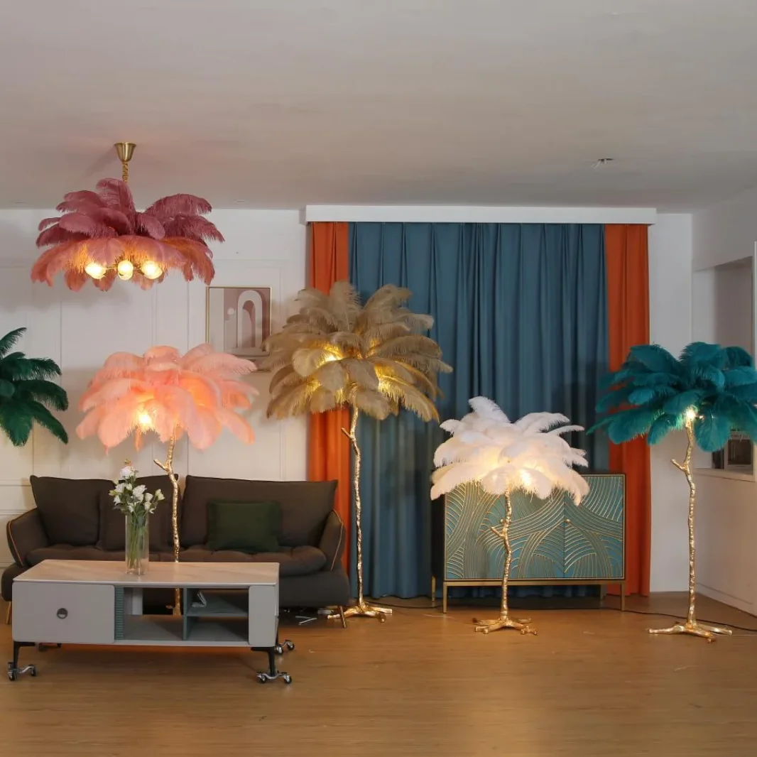 Modern Feather Funkyled Palm Tree Floor Lamps High Quality Copper Branch Art Romantic Living Room Led Lamps