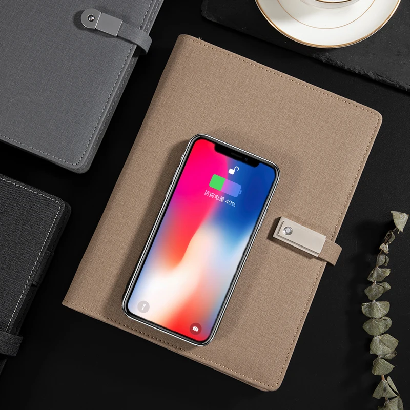 Professional Customized Notebook Organizer With LED Light Logo 8000 Power Bank and Wireless Charger Agenda Portfolio USB Flash