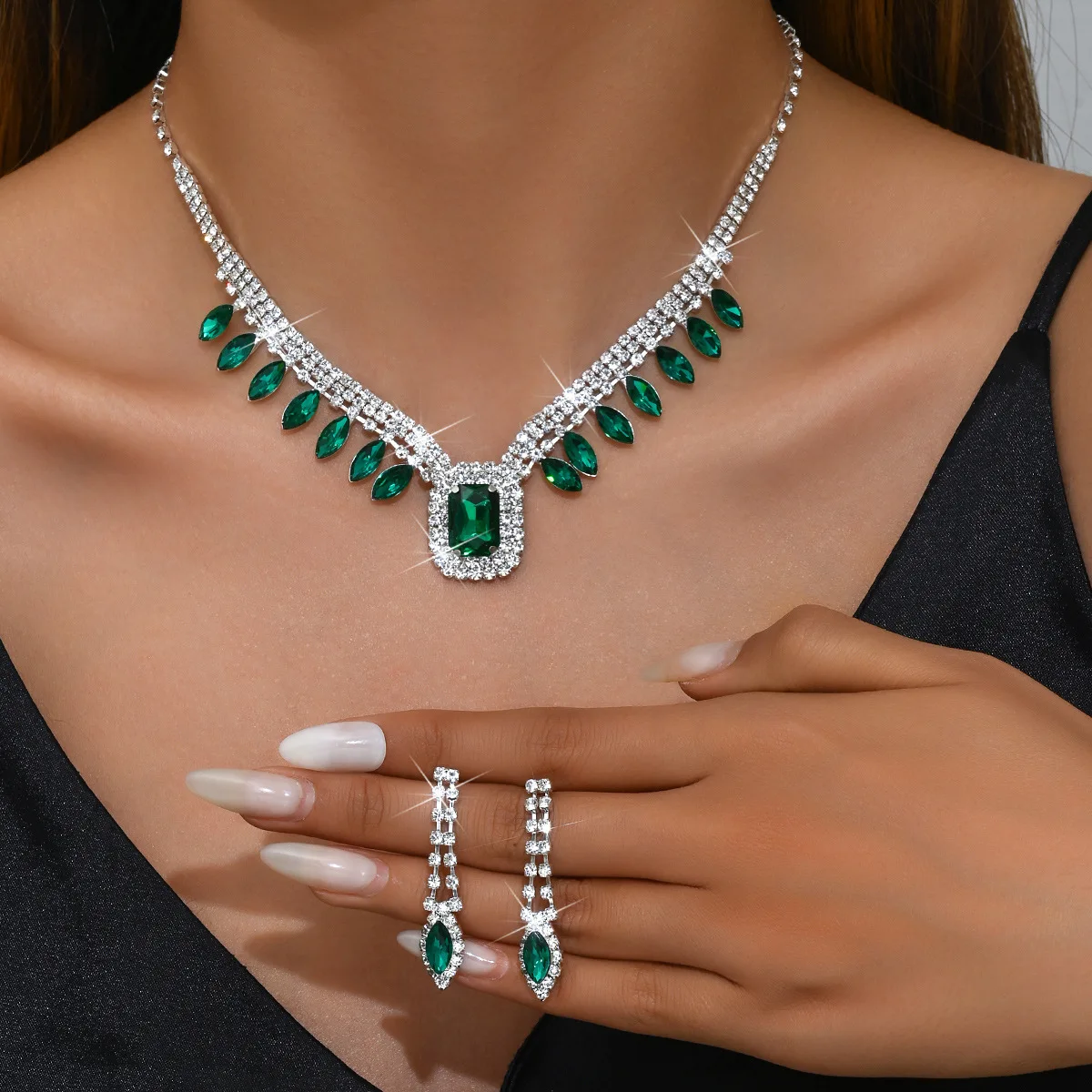 Fashion Jewelry Luxury Evening Dress Jewelry Black Sapphire Blue Earrings  Necklace Set Cheap Gifts for Women