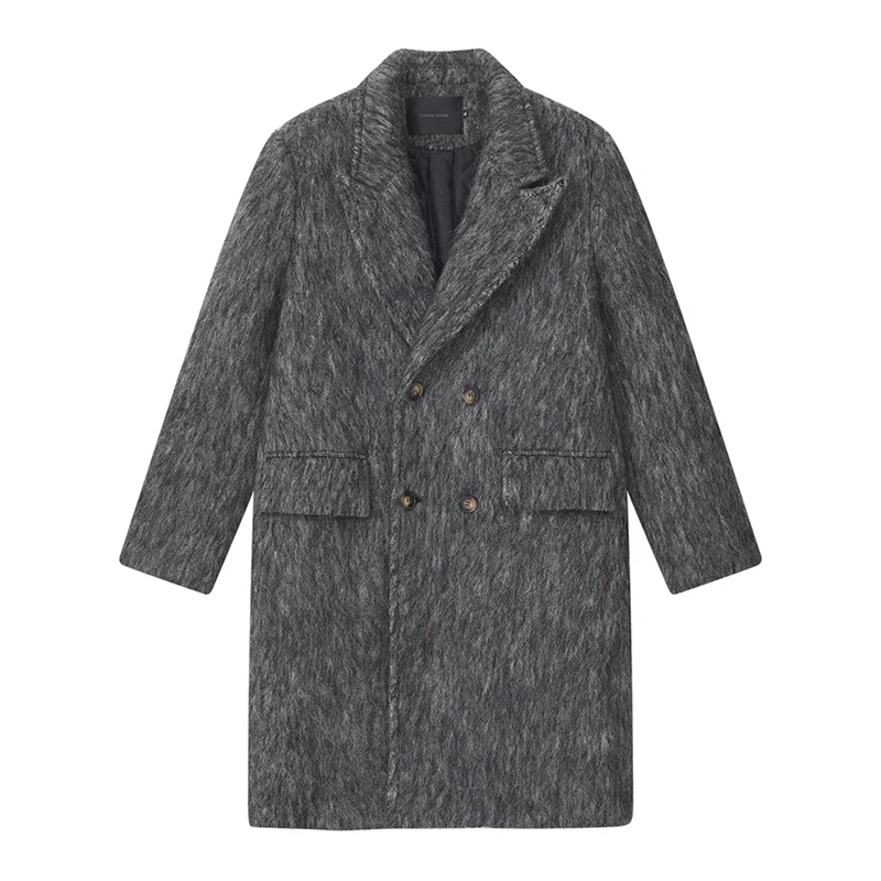 Men's Trendy Mid-length Woolen Coat Winter Thickened Casual Loose Overcoat Double Breasted Closure Warm - Image 6