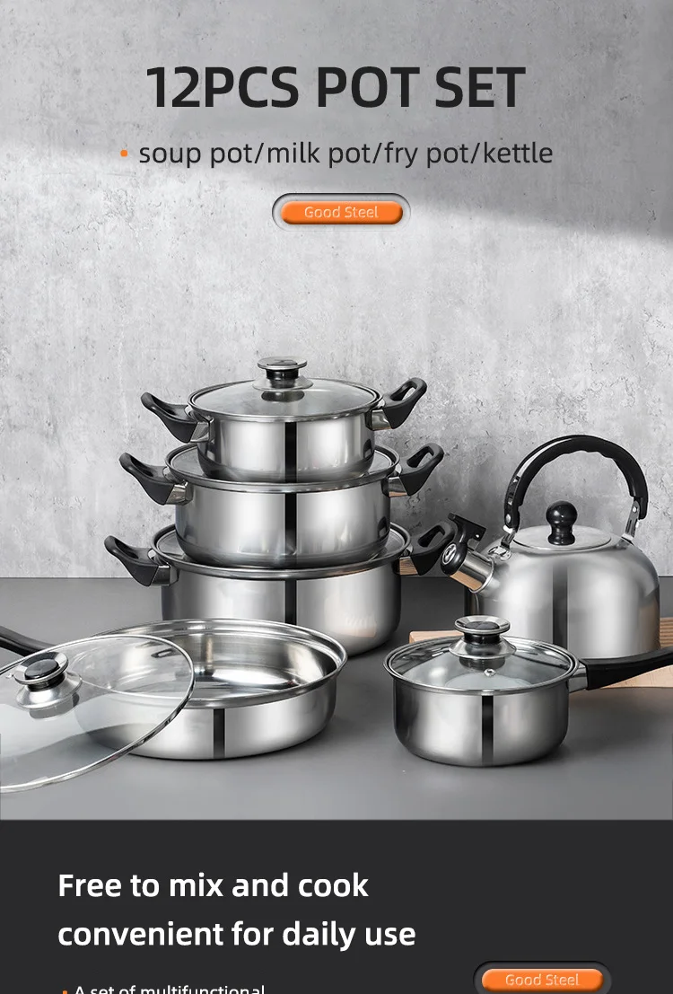New Arrival Cookware Sets 12 Pcs Stainless Steel Kitchen Soup Pot Cooking Pot Set With Bakelite