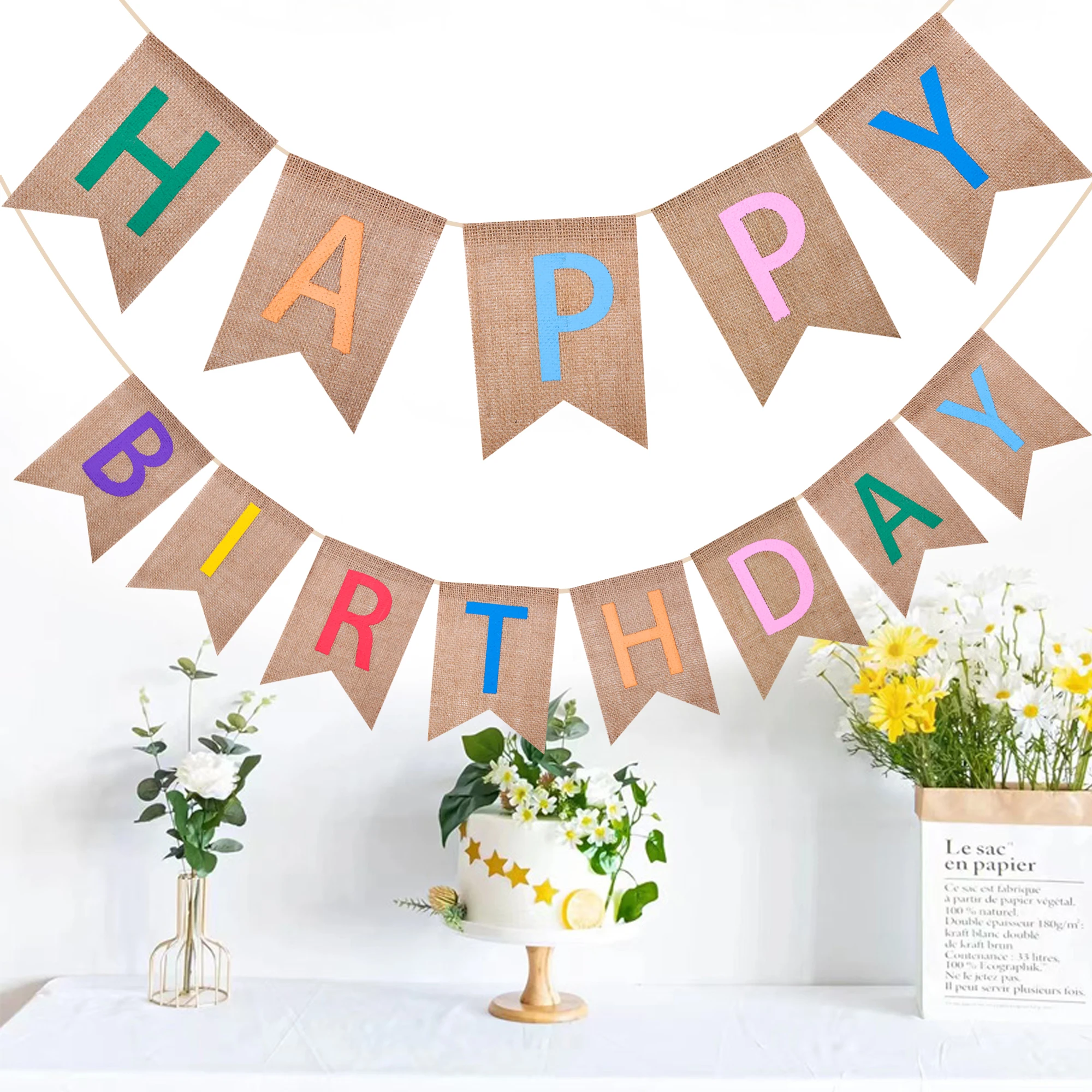 Burlap Happy Birthday Banner Assembled Reusable Colorful Print Happy  Birthday Sign Neutral Birthday Party Decorations RC06271554, image size:2000x2000
