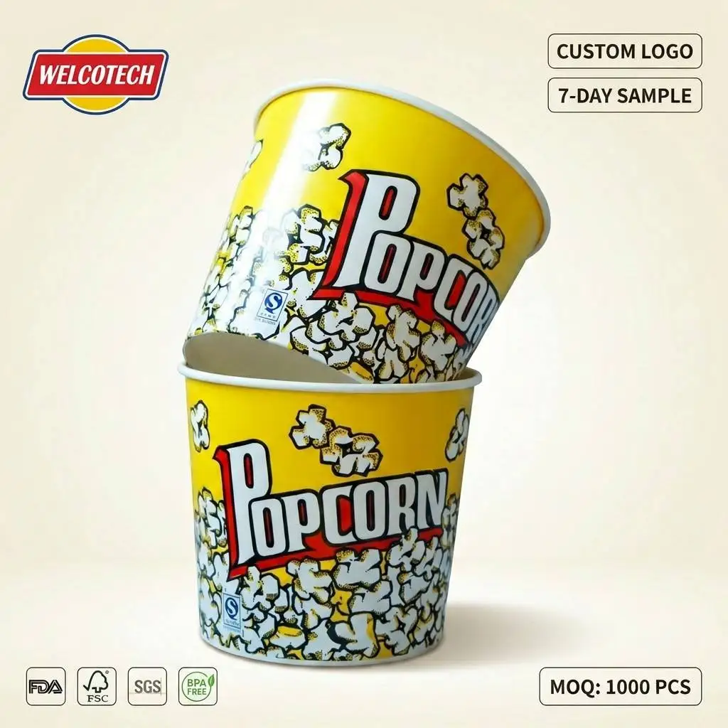 WELCOTECH Wholesale Custom Disposable Paper Popcorn Buckets Popcorn Branded Paper Cups Bowls Bucket