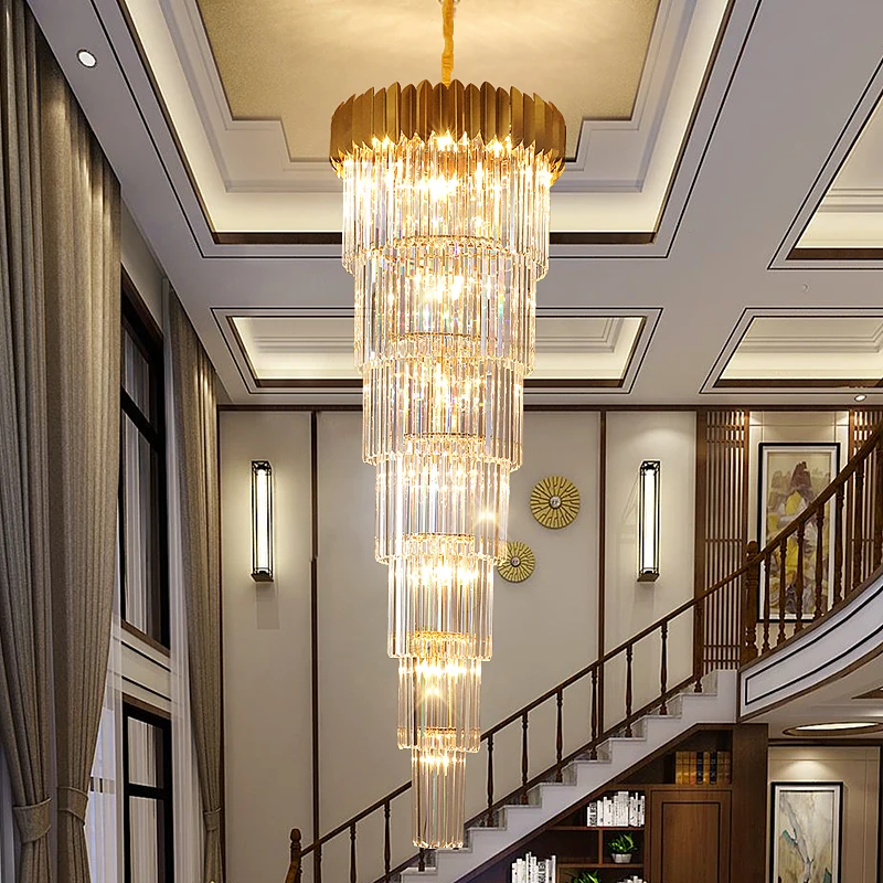 Pencahayaan Loket Pencahayaan Kristal Lingkaran Panjang Candelier Hotel Tangga Kristal Cahaya Candelier Emas