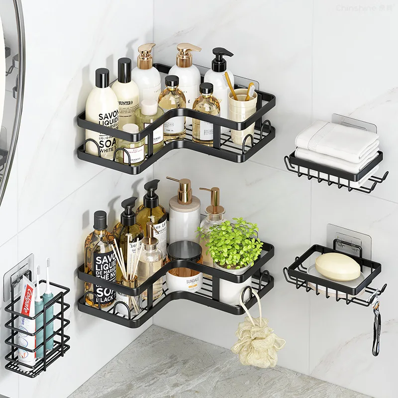 2 Pack Double Tier Wall-Mounted Iron Triangle Storage Shelf Toilet Corner Rack for Bathroom Space-Saving Storage Racks