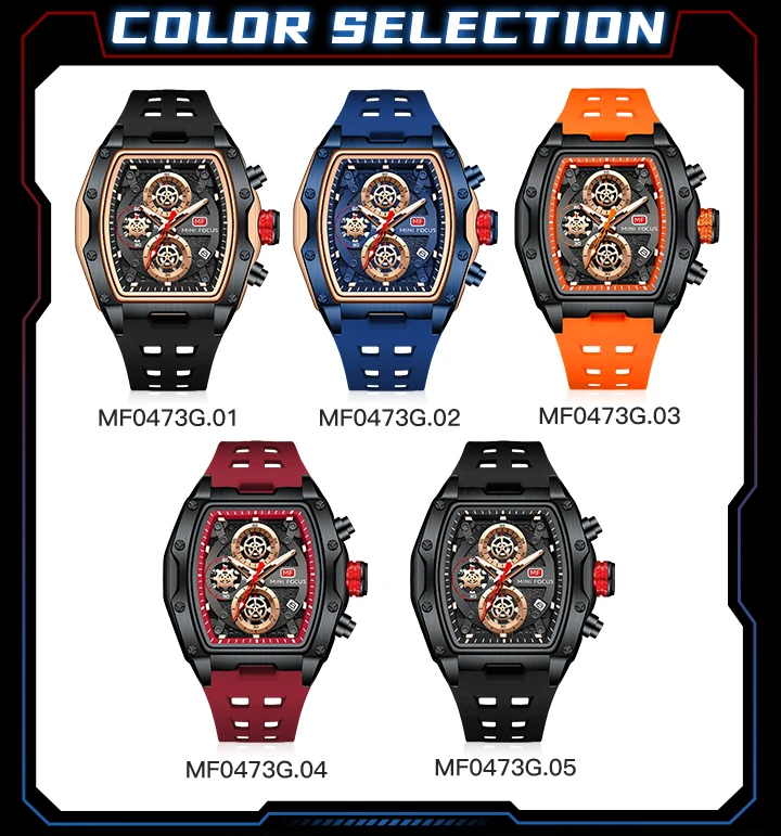 MINI FOCUS 0473 Fashion Men Silicone Waterproof Quartz Watch Multi-function Chronograph Men's Luminous Calendar Wristwatches