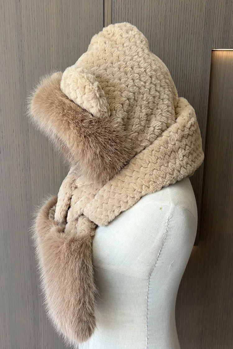 Women's Winter Cycling Gloves and Scarf Combo with Cute Bear Ear Velvet Faux Fur Warm Outdoor Protective Hat