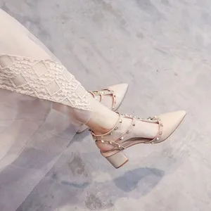 French Style Toe Cap Coarse Low Heel Sandals for Women Wearing Summer, Pointed Toe Back Hollow Rivet Single Shoes