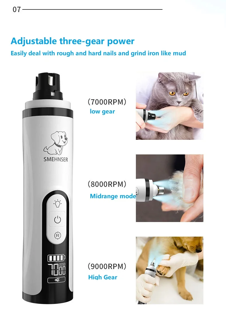 Electric Dogs Nail Grinder For Pets Nail Grinder With Led Light 3 Gear