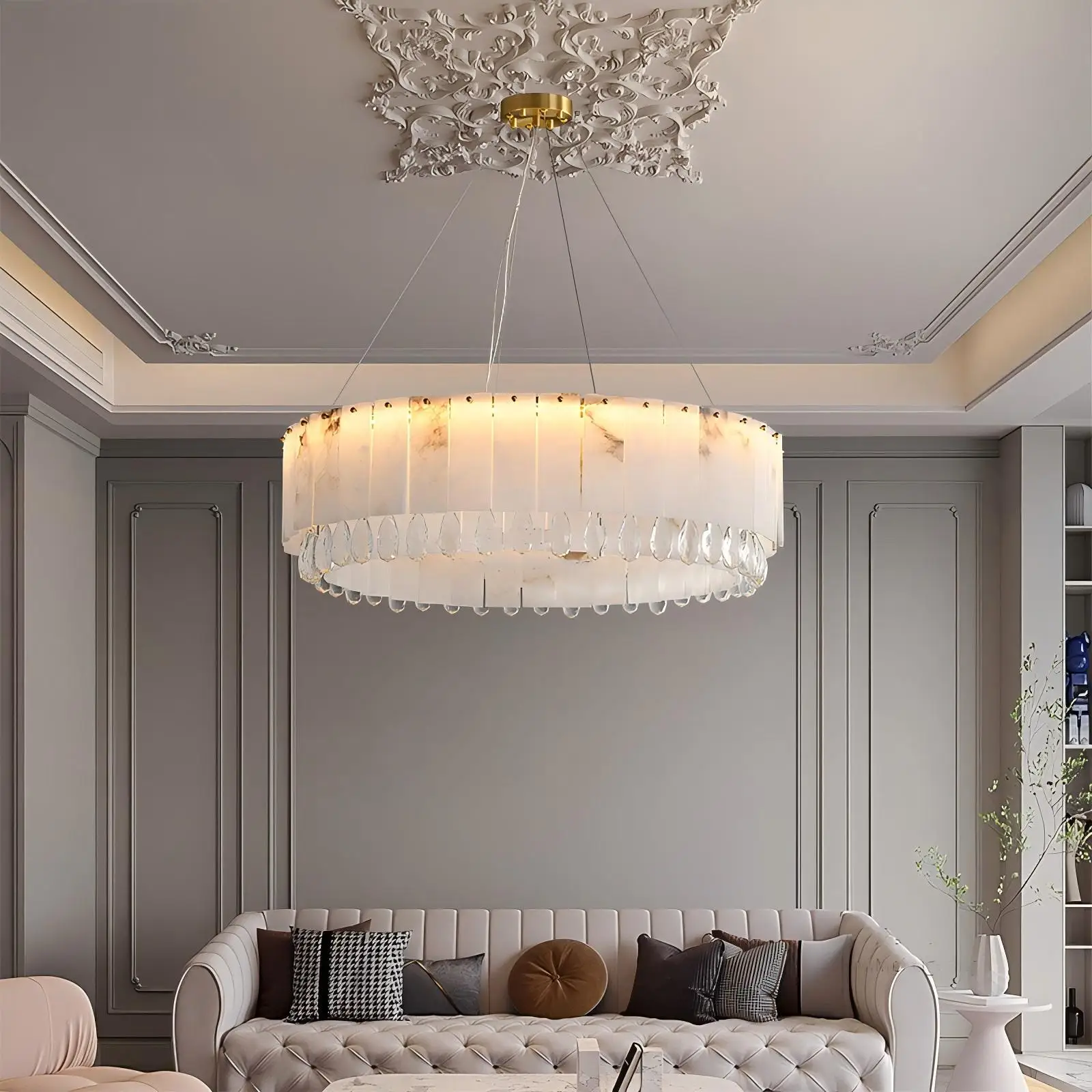 Dinning Table Hanging Decorative Round Ball Led Pendant Lamp Brass Alabaster Chandelier Luxury Snowflake Marble Lights