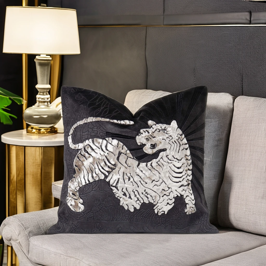 TIFFHOME Organic White Tiger Embroidered Animal Cushion Covers