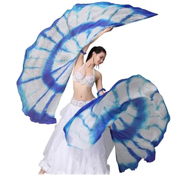 Green Tie dye Blue and white Half Moon shape 2pcs silk shawl veil wings for belly dance
