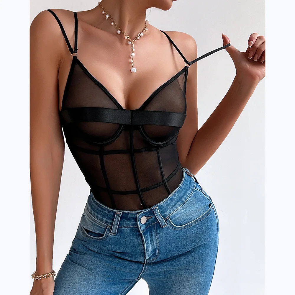 Body negro Sexy para mujer, lencería transparente sin espalda