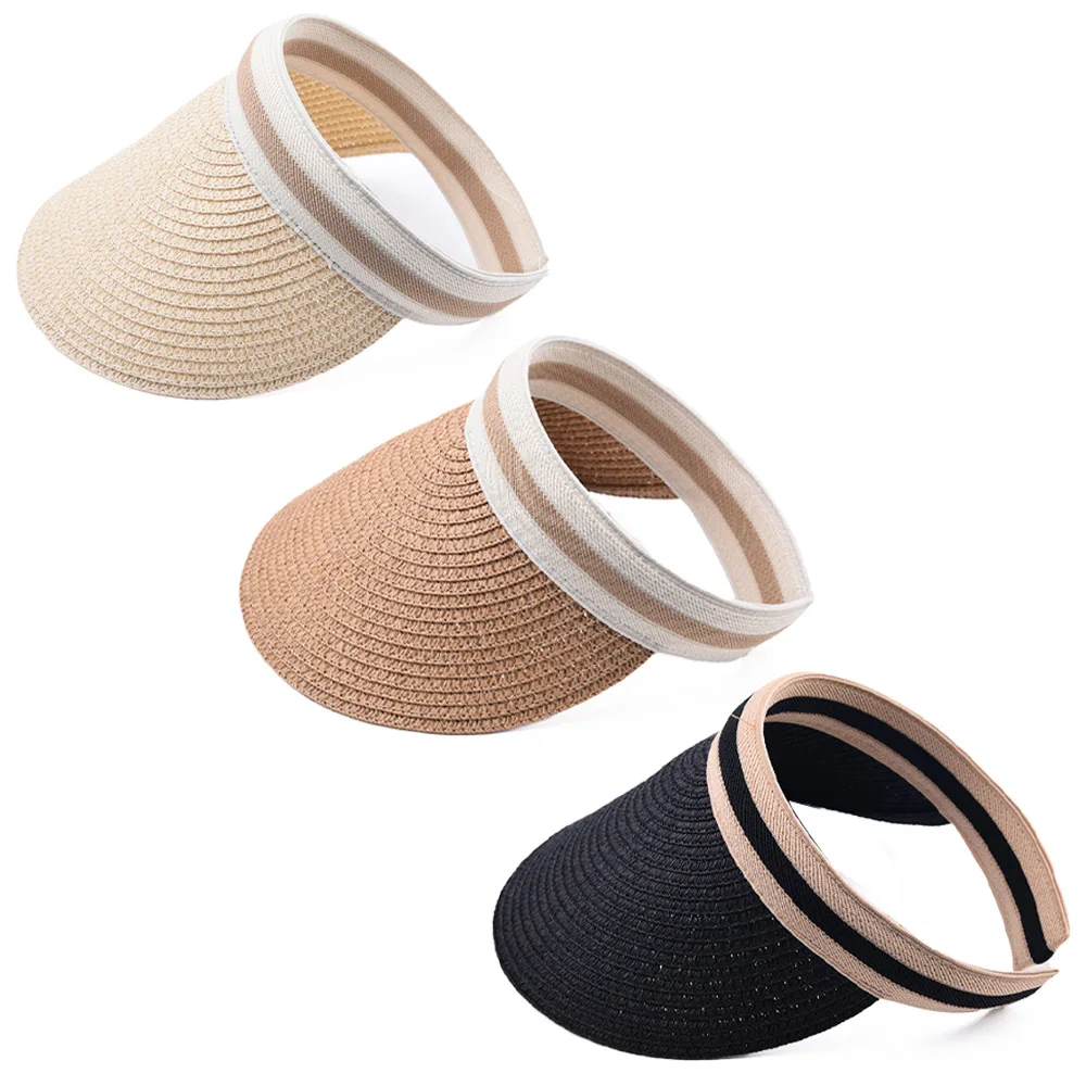 FF482 Custom Striped Solid Color Sun Hat Wide Brim Golf Sports Caps Summer UV Protection Cap Ponytail Visor Straw Hats
